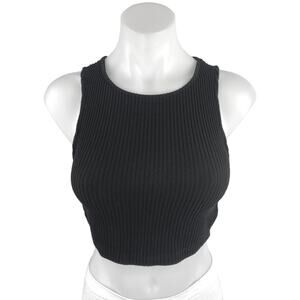 White Fox Women's Black Rib Knit Sleeveless Backless Tie Back Crop Tank Top Sz S